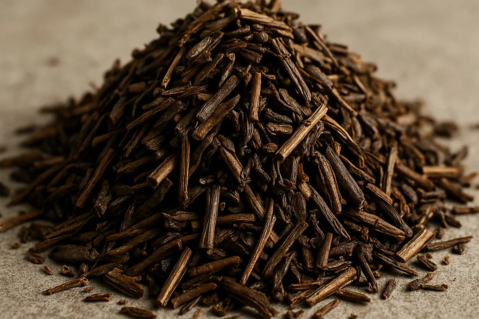 Pile of roasted hojicha tea stems in rich brown tones showing the signature roasted character