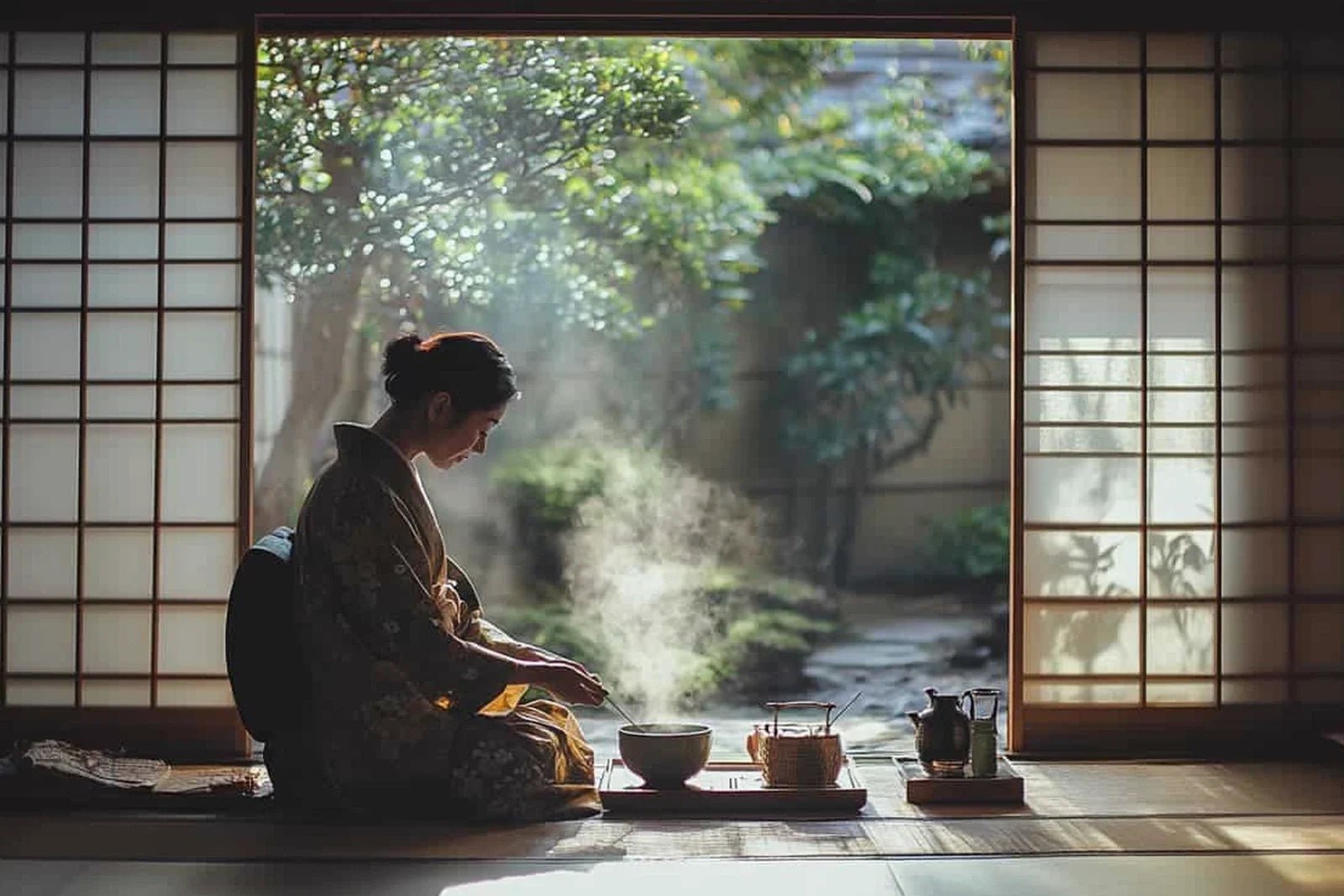 Wide-angle Japanese tea ceremony with a woman in patterned kimono kneeling on tatami before a tea bowl with shoji screens and sunlit garden behind