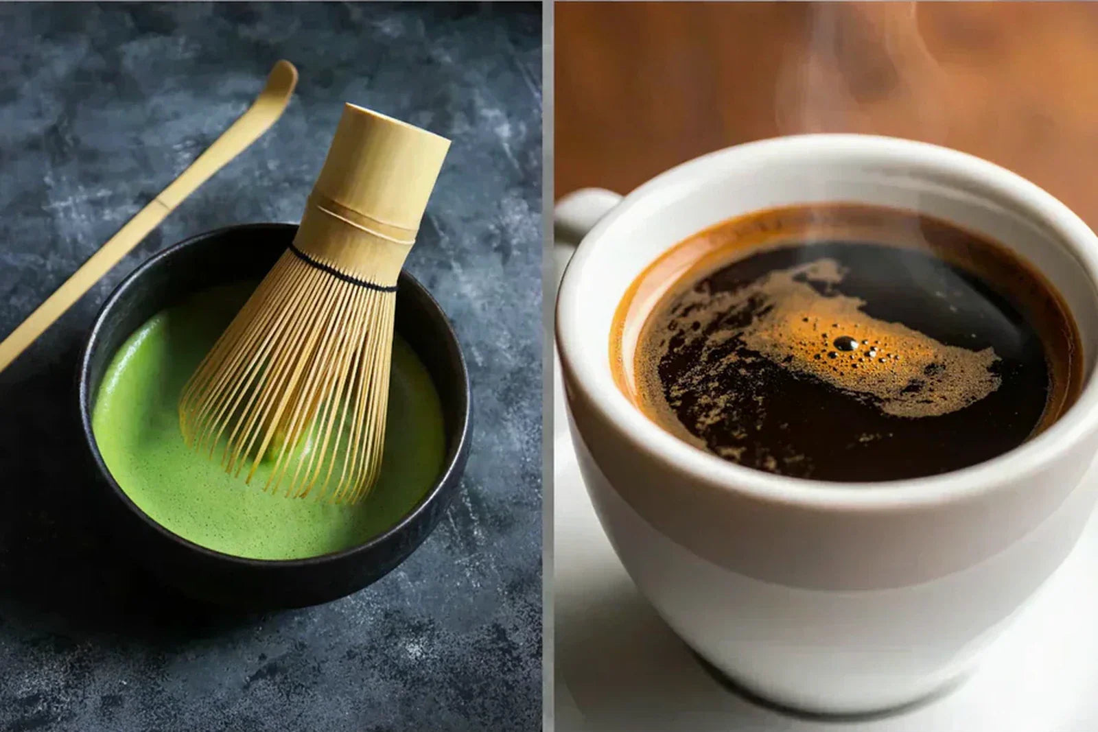 Side-by-side comparison of a steaming white cup of black coffee and a black bowl of whisked green matcha with bamboo chasen